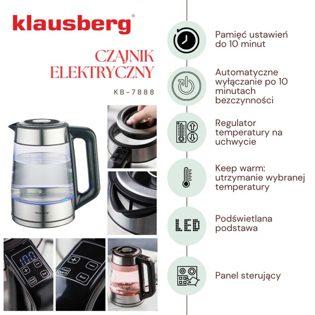 CZAJNIK ELEKTRYCZNY SZKLANY 1,7L KLAUSBERG KB-7888 LED RGB